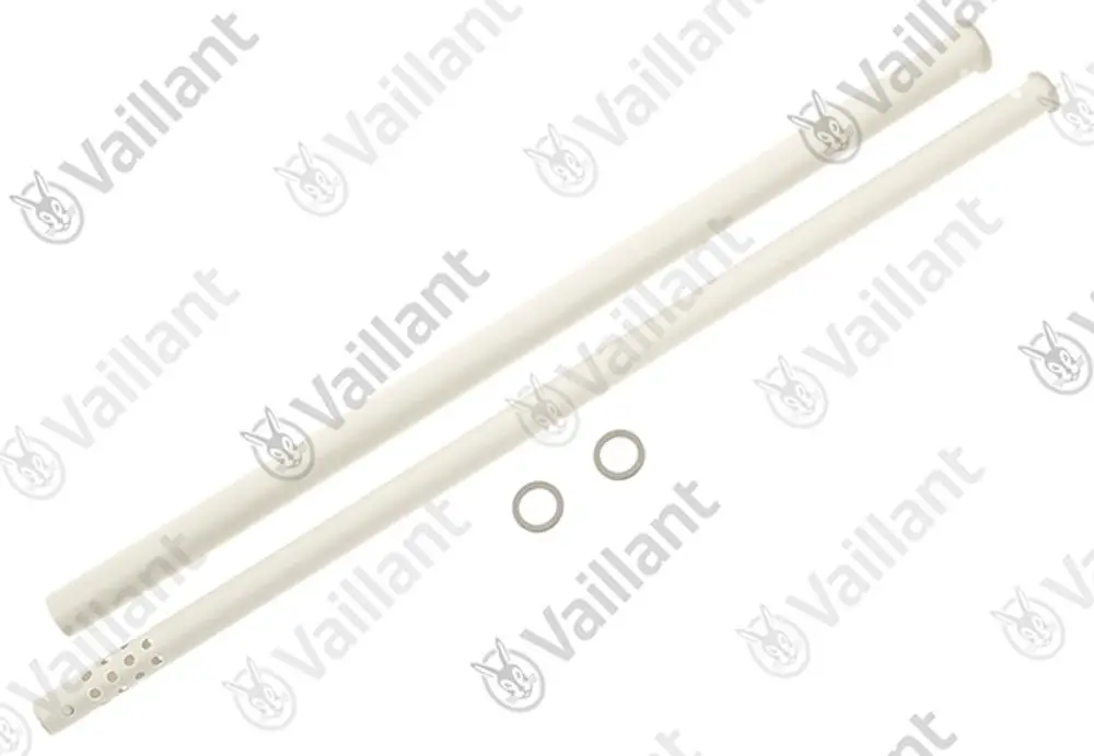 Set aus zwei weißen Röhren, eine mit Löchern und eine durchgehend, begleitet von zwei Ringen. Produkt von Vaillant für Heizungs- oder Lüftungsanwendungen.